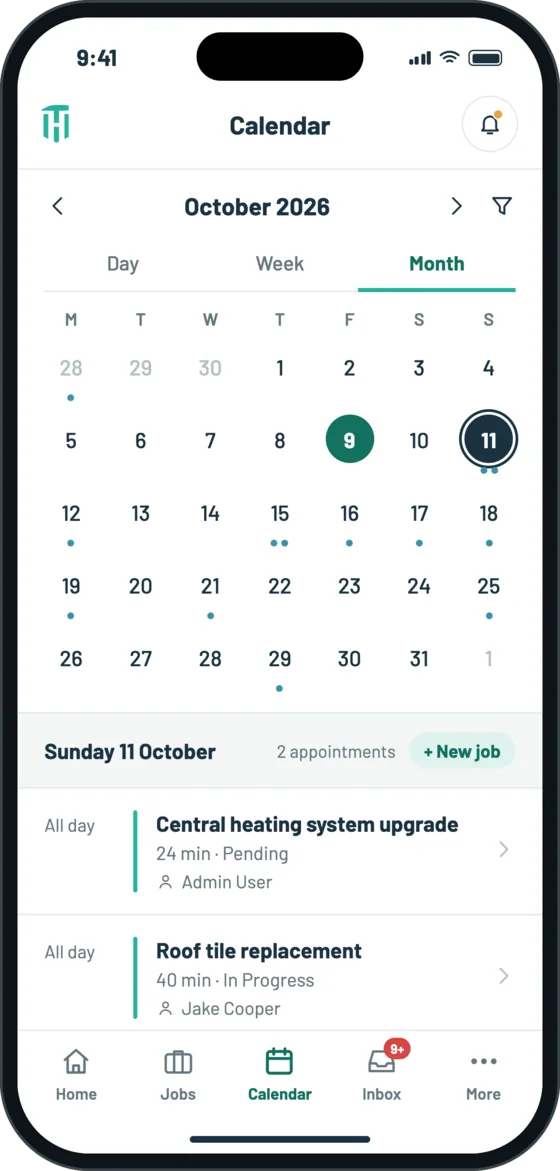 The TradeyHub calendar showing a month of booked visits