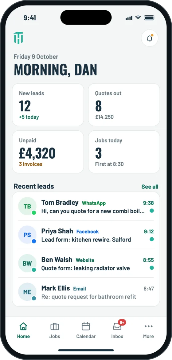 TradeyHub app home screen showing new leads, quotes out, unpaid invoices and today’s jobs