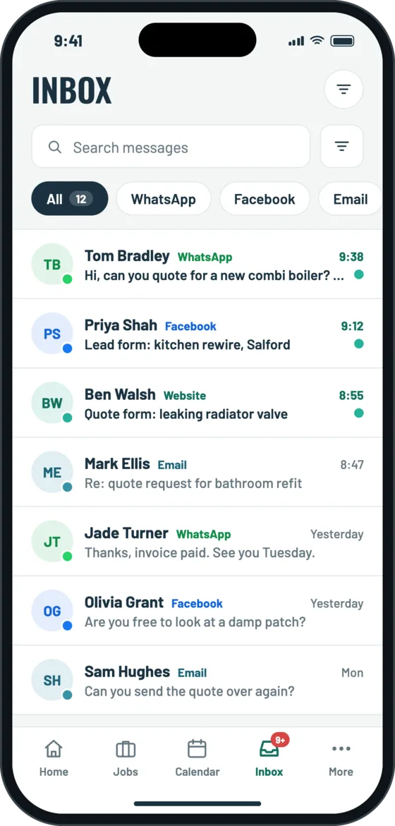 TradeyHub app inbox with WhatsApp, Facebook, website and email enquiries in one list