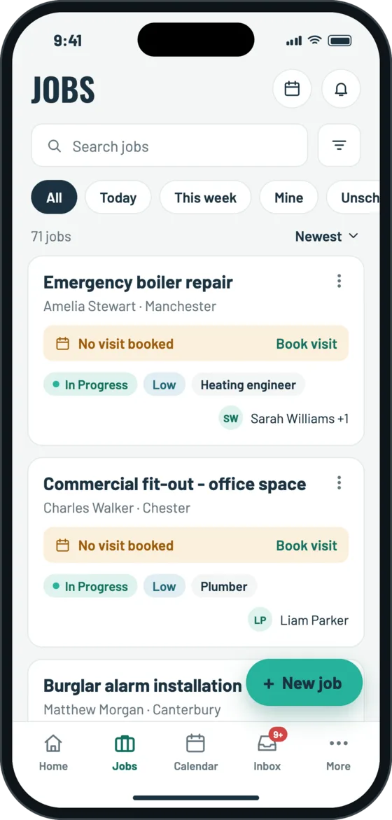 The TradeyHub jobs list with job status, priority and assigned engineer
