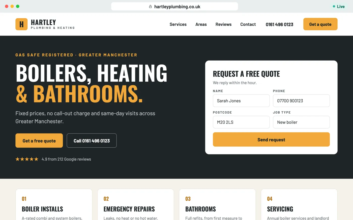 Example website for a plumbing and heating business, with a quote request form